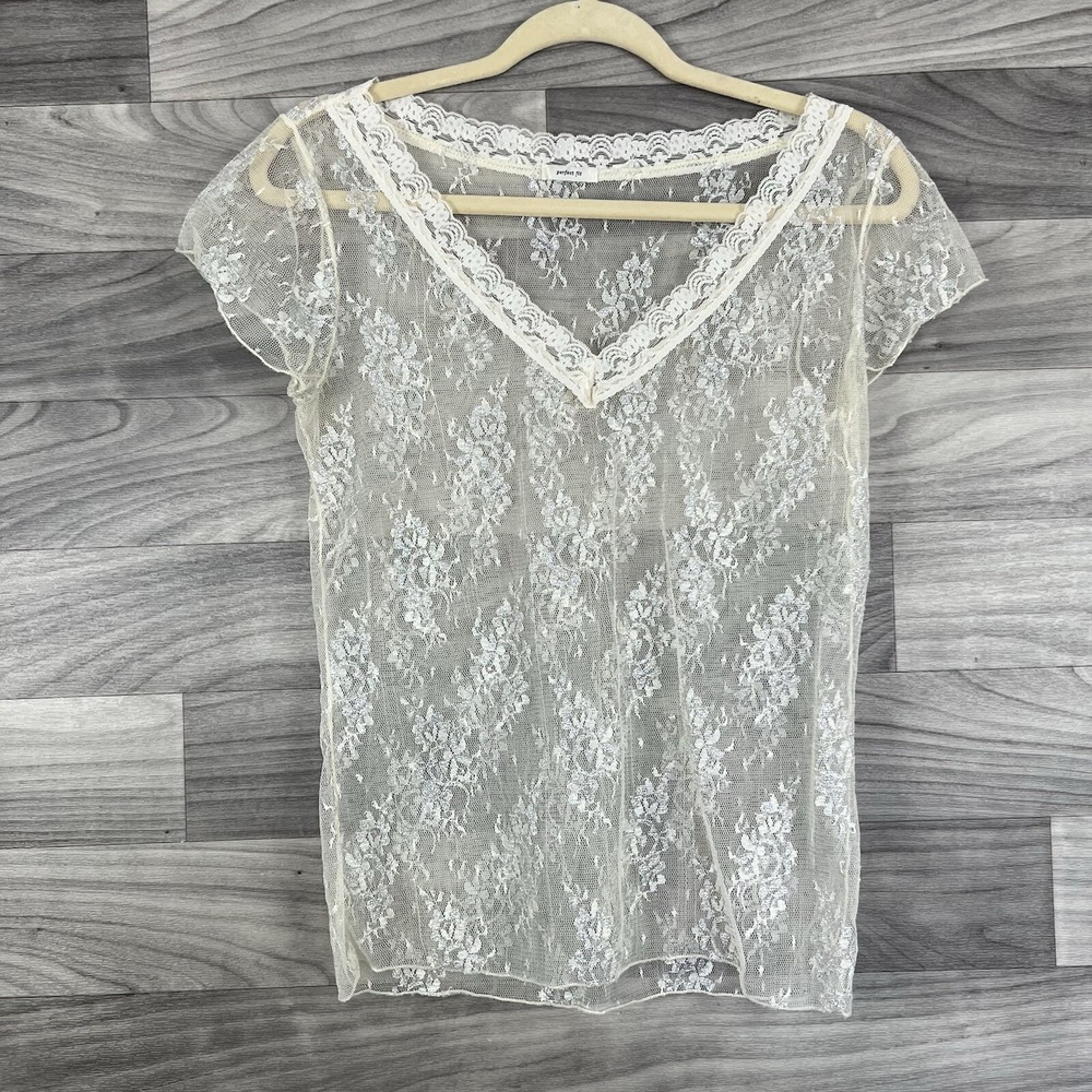 Lace Top Womens L Beige Sheer Cottagecore Short Sleeve Gypsy Festival Fairy Boho